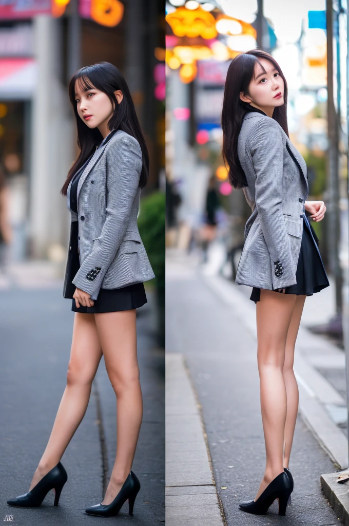 a 20 year old woman in skirt suit, she is the most beautiful actress in the world, her detailed face, the perfect proportions of her body, tight blazer is worn with shirt on her upperbody, the perfect shape of her covered breasts, her detailed breasts, shirt skirt is worn with panties on her lower body, panties between her bare legs under short skirt, panties are able to be seen a littleshe is standing, at the city street, nsfw, best quality, highly detailed, masterpiece, ultra high res, photo realistic, 8k