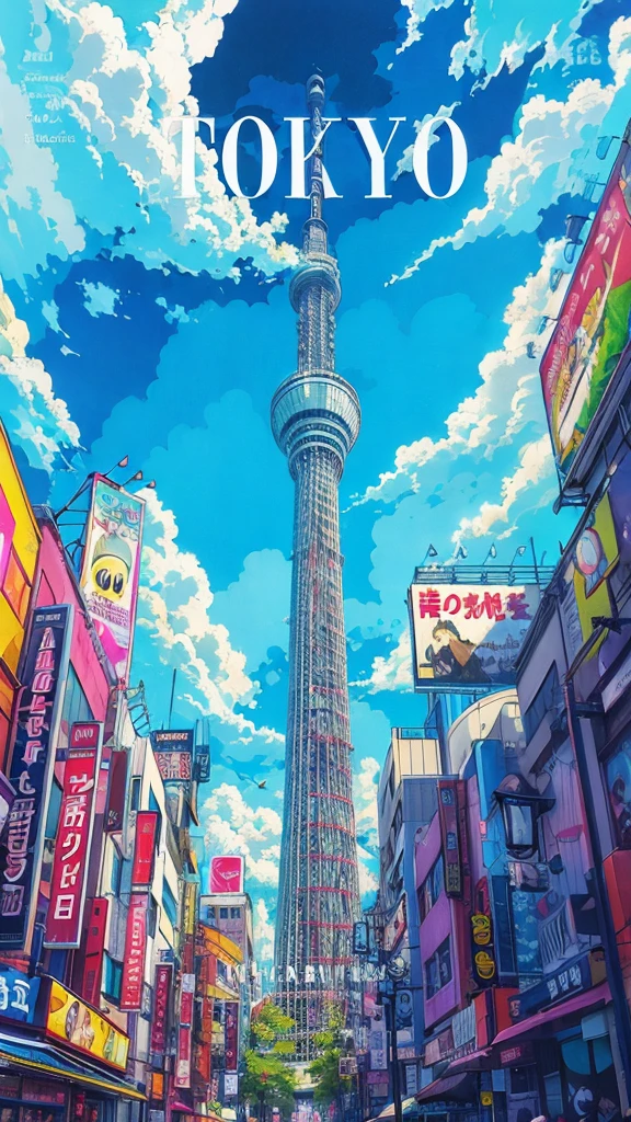 Photo taken from the street，There is a tall tower in the background, Tokyo inspired, Tokyo background, Tokyo anime scene, Tokyo japan, Tokyo city, Tokyo, new Tokyo, Inspired by jiff machino, Tokyo futuristic and clean, Tokyo mural, japan poster, Such, (neoTokyo), anime poster, Tokyo - esque town, in neo Tokyo, anime movie poster
