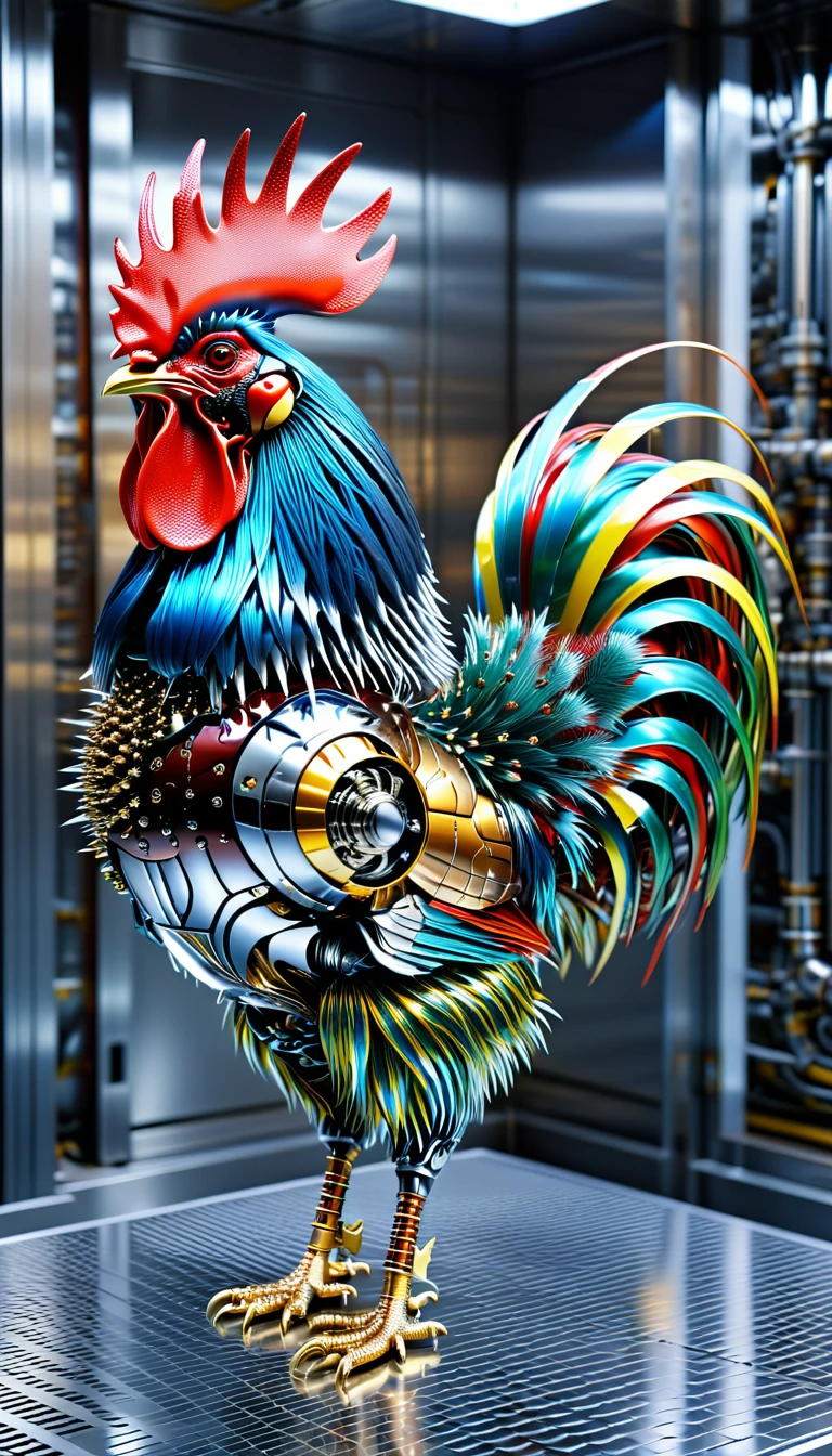 There is no one, Reality Photos, Reality Photos, Realistic photo of a rooster-like creature, spikes, multi-colored shiny fur, strange and, Surreal and, the other world, A robotic factory with a shiny assembly plant, intricate details, very sharp, Sophisticated details, Flawless composition, vivid colors, masterpiece, futuristic, metal decoration, The shiny red interior is empty., polished, ray tracing
