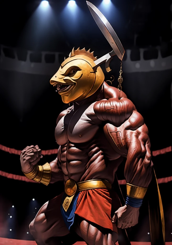 Muscular gladiators wore steel helmets in the shape of a fish's head and duels in the arena