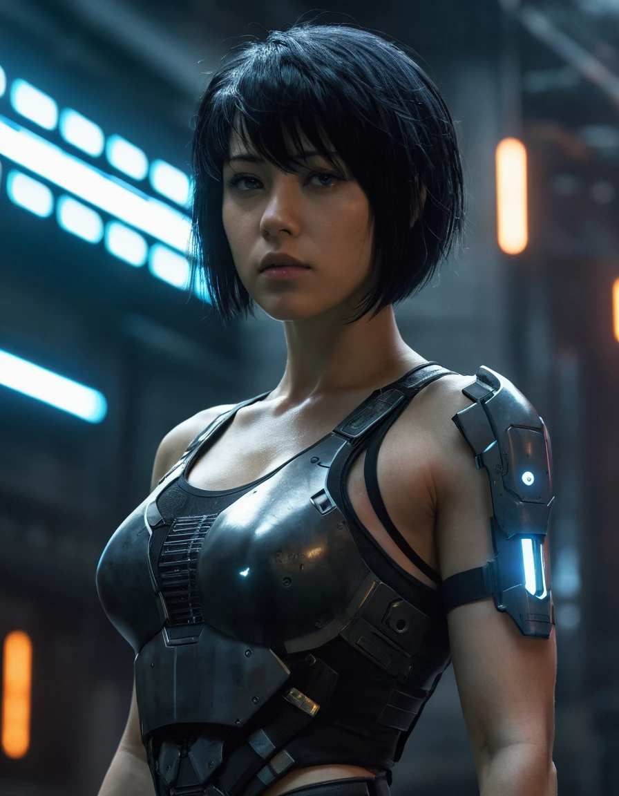 1girl, cyborg kusanagi motoko, tank top, short hair, black hair, dark, cyberpunk short lighting technique, cinematic, epic realism,8K, highly detailed, side angle,sweaty armpits,see through translucent top