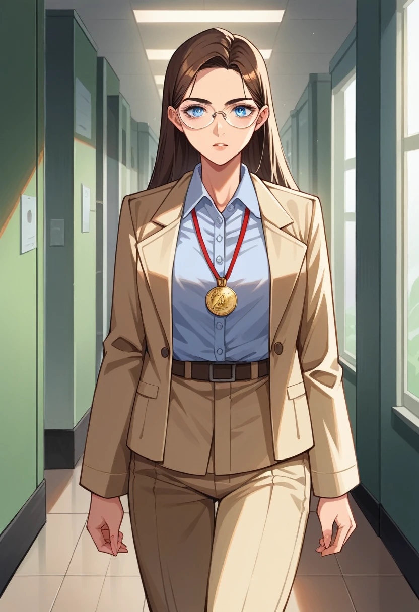 woman, military office employee, young, 24 years old, elegant woman, high authority, wears a cream military office uniform and brown open jacket, has a medal and the rank of 1st sergeant on her clothes, wears glasses, her face is beautiful, her expression is serious , walking in the hallway alone, long flowing brown hair down to her chest and light blue eyes.