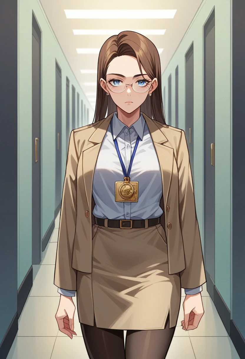 woman, military office employee, young, 24 years old, elegant woman, high authority, wears a cream military office uniform and brown , has a medal and the rank of 1st sergeant on her clothes, wears glasses, her face is beautiful, her expression is serious , walking in the hallway alone, long flowing brown hair down to her chest and light blue eyes.