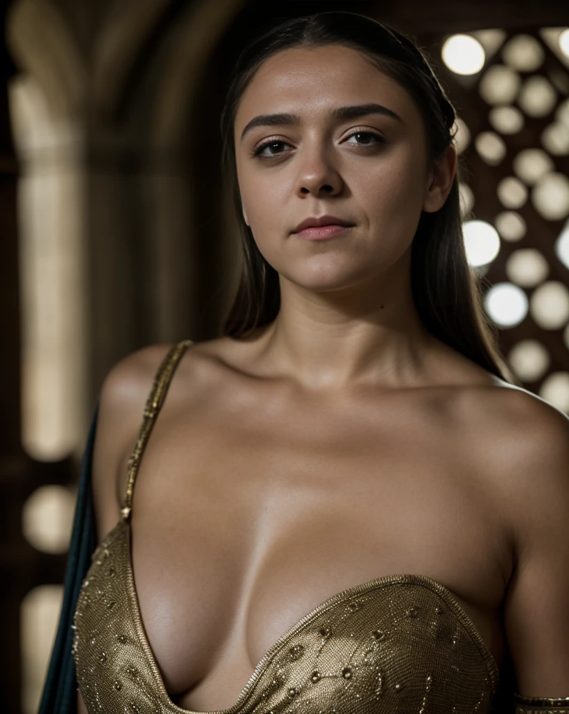 Foto RAW, Arya Stark, Extremely gorgeous lady, Arya Stark PLAYED BY MAISIE WILLIAMS, Queen Arya Stark, she  a mature woman now, milf, sexy mediaeval battle dress, gladiator woman, body, 40 years old Woman, body revealing costumes, perky breast, skin pores, big natural breast, erotic costumes, lusty physique, seductive figure can capture every people's attention, Game of thrones costumes, revealing captivating figure, Mediaeval costumes, revealing clothes, A tomboy, she would rather fence than dance, warrior queen , game of thrones screen caps, Game of Thrones Series, (pele altamente detalhada: 1.2), 8k UHD, DSLR, soft-lighting, alta qualidade, grain of film, Fujifilm XT3, flawless picture, highly detailed, detailed Beauty, intricate, 32k, sharp picture,