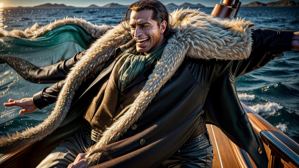 masterpiece, best quality, extremely detailed, hyperrealistic, photorealistic, a cool 40s man, ultra detailed face:1.3, fur-trimmed coat, scarf around the neck, cigar, on detailed yacht, sea, laughing, standing, dynamic pose