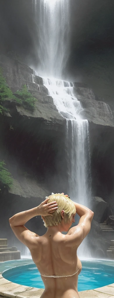 a alone woman.
The woman has short blonde hair The woman bathes under a waterfall rubbing her hair with her hands.
The woman has well-defined muscles.
The woman has her back turned and the water from the pool reaches her twins..