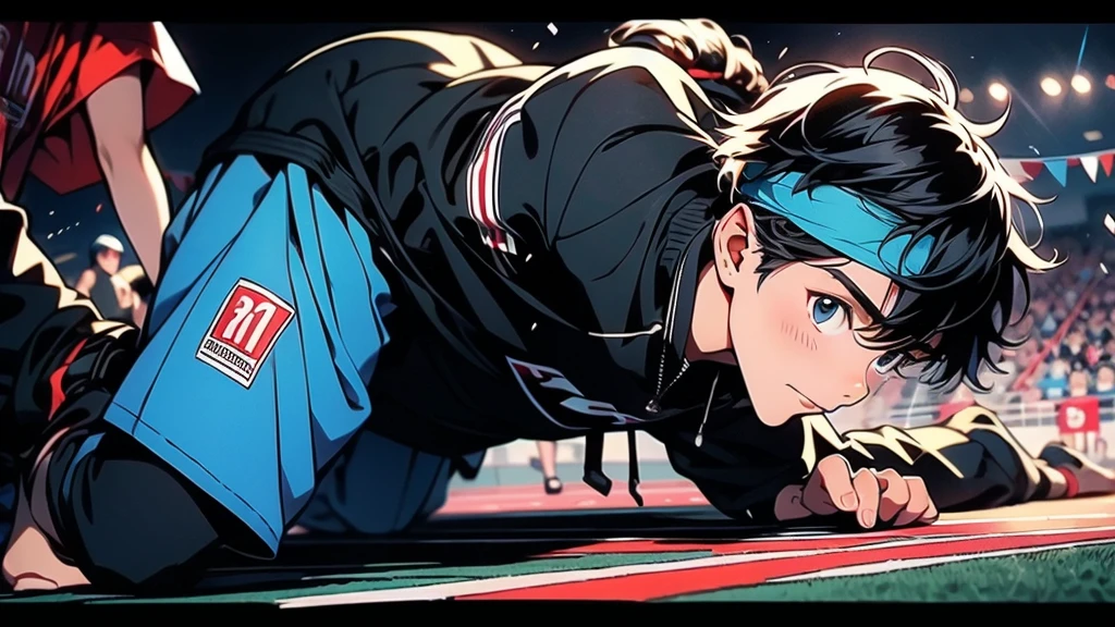 1boy,Highest quality、Masterpiece、Official Art、The best dynamic composition、The boy is 12 years old and is the last runner in the relay.、The moment the tape crosses the finish line、1 person、Foot race、sports meeting、Black jersey with top and bottom stripes、Headband、Headbandがたなびいてかっこいい、Hair is light blue、