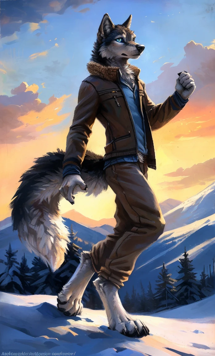 ((Solo)), male people, anthro wolf, (Multi-colored fur, White-brown:1.3，White tail pointed), (Height 2.1m,Tail length 1.2m), ((Wolf face, Big eyes, White eyelids, Blue pupil, Slim:1.2) (Tough, Calm expression:1.2)), Slim, pinging)), (Correct anatomy), (Winter clothing:1.1), The upper body  naked, (detailed outfits),A long big tail，Feet，(Realistic fur, Detailed fur texture, labeled:1.3)), (Natural lighting), Photorealistic, Hyperrealistic, ultradetailed, by Kenket，Snowfield，erect through，Running on