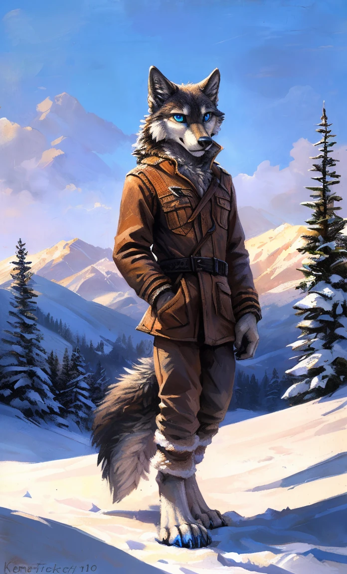 ((Solo)), male people, anthro wolf, (Multi-colored fur, White-brown:1.3,White tail pointed), (Height 2.1m,Tail length 1.2m), ((Wolf face, Big eyes, White eyelids, Blue pupil, Slim:1.2) (Tough, Calm expression:1.2)), Slim, pinging)), (Correct anatomy), (Winter clothing:1.1), The upper body naked, (detailed outfits),A long big tail,Feet,(Realistic fur, Detailed fur texture, labeled:1.3)), (Natural lighting), Photorealistic, Hyperrealistic, ultradetailed, by Kenket,Snowfield,erect through,Running on