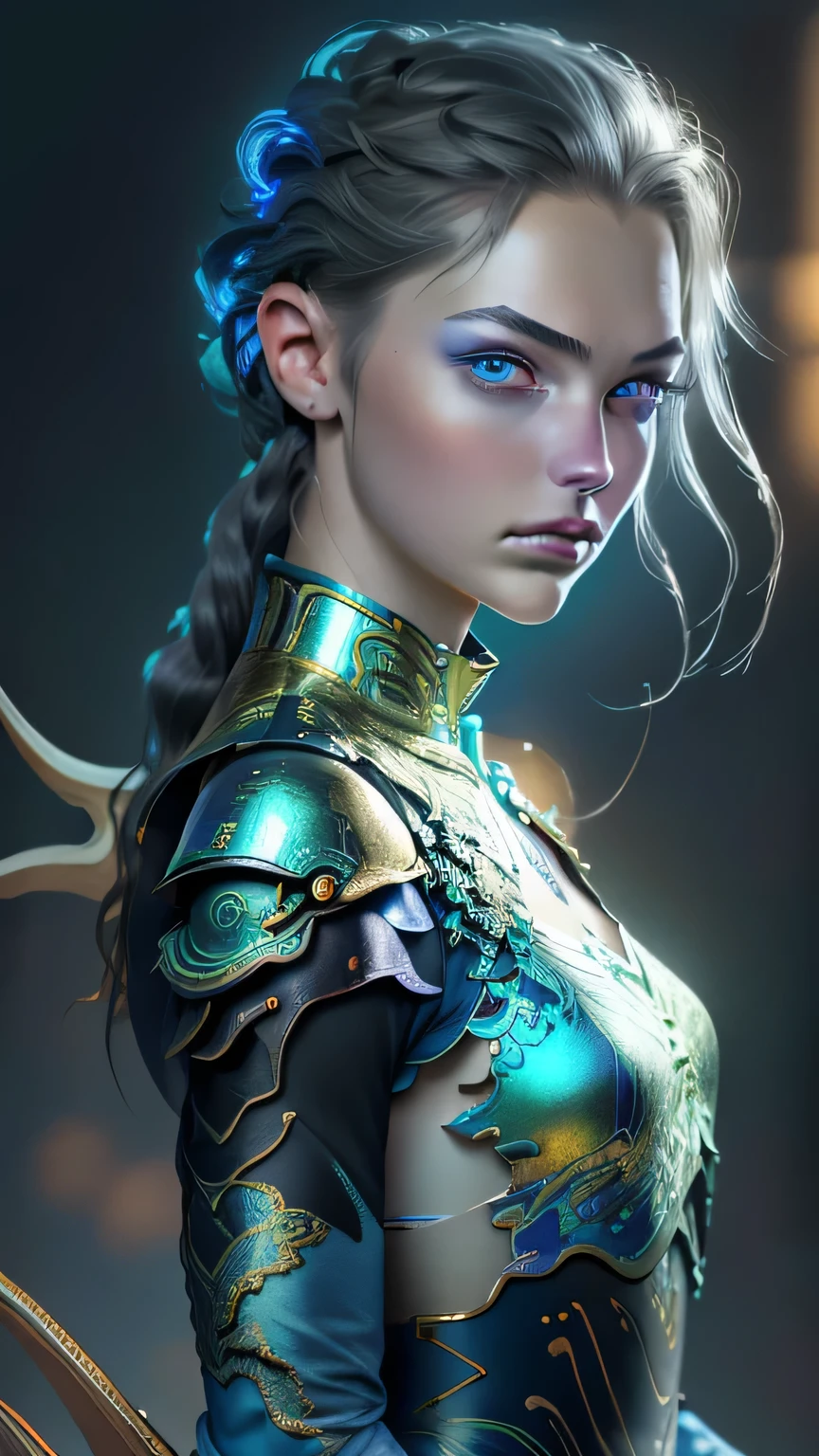 (RAW Photos, Realistic, photoRealistic), German Fairy, One girl\(change\) and (((metallic)) Iris Blue Dragon, German Girls, bread, glaring dark gRay background, dragon bread, slim, Sensia Style, Cinema Lighting, Accent lighting, Strong Rim Light, dramatic_Shadow, Ray_ trace, 8K, High resolution, (sexy, Leotard armor), masterpiece, 最high quality, high quality, High resolution､