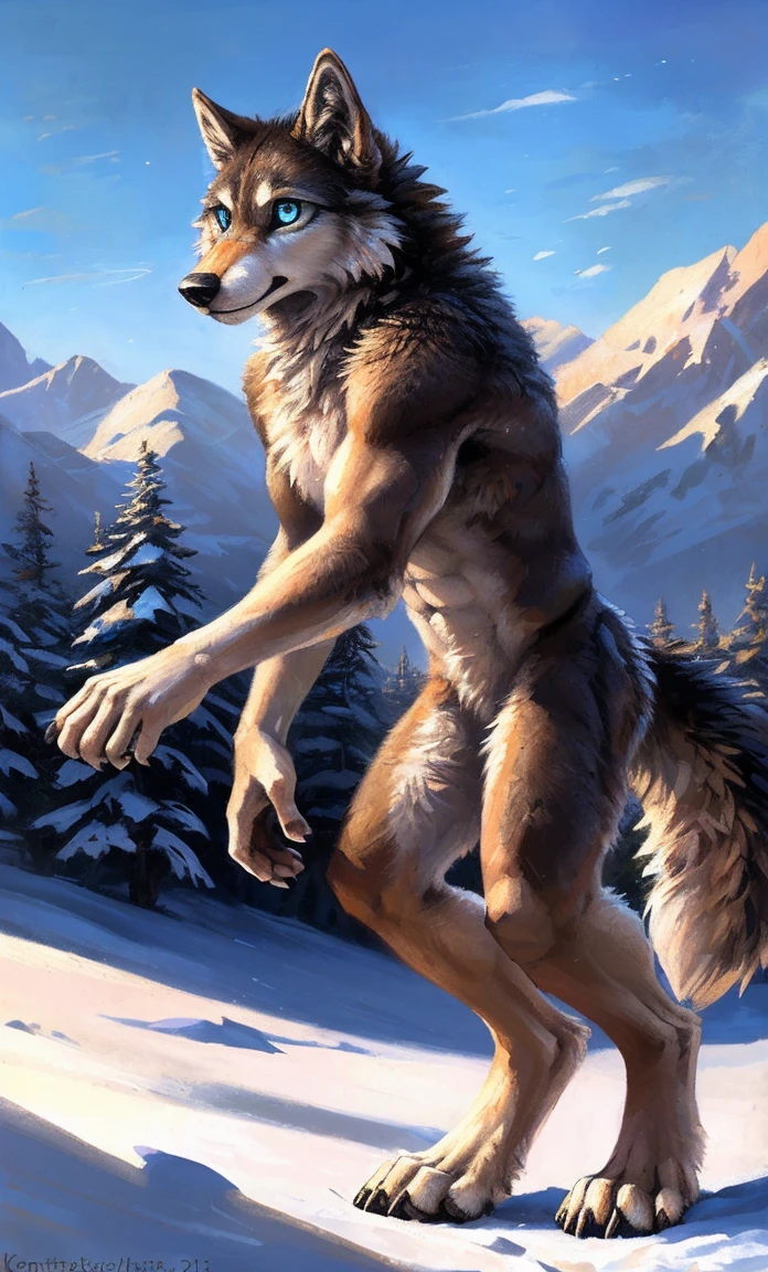 ((Solo)), male people, anthro wolf, (Multi-colored fur, White-brown:1.3,White tail pointed), (Height 2.1m,Tail length 1.5m), ((Wolf face, Big eyes, White eyelids, Blue pupil, Slim:1.2) (Tough, Calm expression:1.2)), Abs, Slim, pinging)), (Correct anatomy), Naked all over the body,A long big tail,Feet,(Realistic fur, Detailed fur texture, labeled:1.3)), (Natural lighting), Photorealistic, Hyperrealistic, ultradetailed, by Kenket,Snowfield,No artifacts, Running on