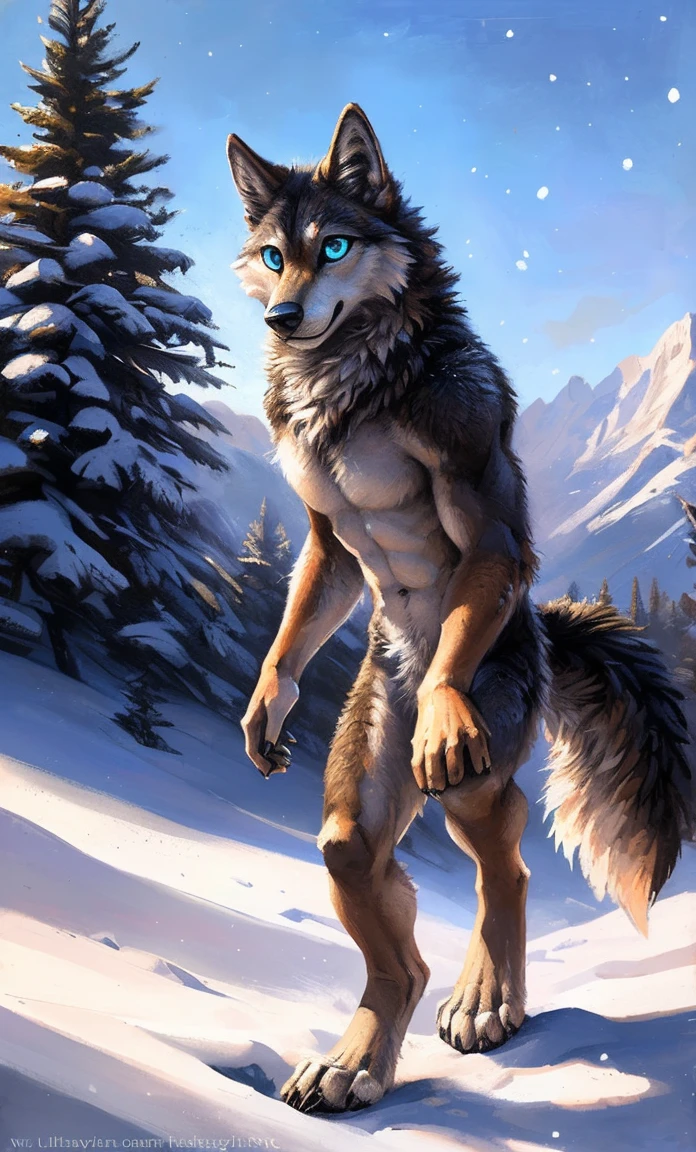 ((Solo)), male people, anthro wolf, (Multi-colored fur, White-brown:1.3，White tail pointed), (Height 2.1m,Tail length 1.5m), ((Wolf face, Big eyes, White eyelids, Blue pupil, Slim:1.2) (Tough, Calm expression:1.2)), Abs, Slim, pinging)), (Correct ),  all over the body,A long big tail，Feet，(Realistic fur, Detailed fur texture, labeled:1.3)), (Natural lighting), Photorealistic, Hyperrealistic, ultradetailed, by Kenket，Snowfield，No artifacts, Running on