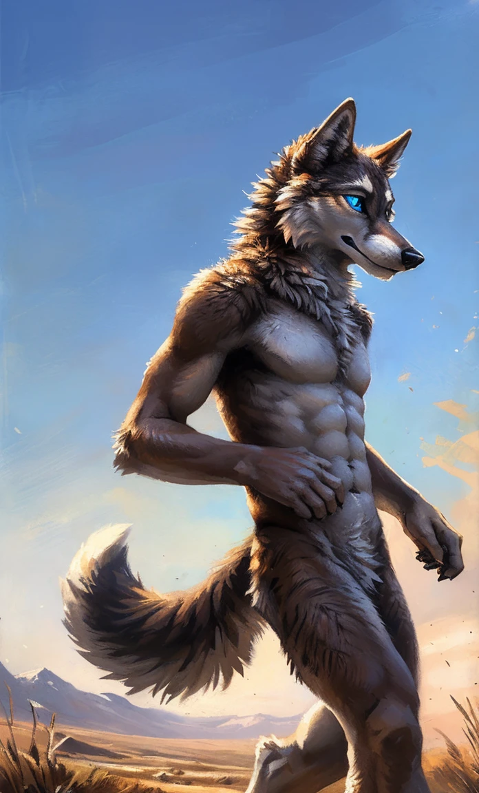 ((Solo)), male people, anthro wolf, (Multi-colored fur, White-brown:1.3,White tail pointed), (Height 2.1m,Tail length 1.5m), ((Wolf face, Big eyes, White eyelids, Blue pupil, Slim:1.2) (Tough, Calm expression:1.2)), Abs, Slim, pinging)), (Correct anatomy), Naked all over the body,A long big tail,Feet,(Realistic fur, Detailed fur texture, labeled:1.3)), (Natural lighting), Photorealistic, Hyperrealistic, ultradetailed, by Kenket,Snowfield,No artifacts, Running on