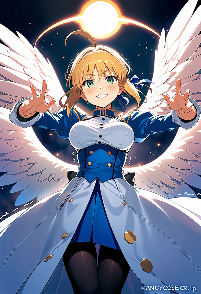 best quality, amazing quality, very aesthetic, 1girl, saber, fate/stay night, 1girl, saber, fate/stay night, , (artist official art:1.5), ahoge_hair, green eyes, steaming body, trembling, large breasts, jitome, cinematic light, official_dress, big_angel_wings, flying, on sky, happy, smile, blush, night, looking_at_viewer, oily_skin, cool