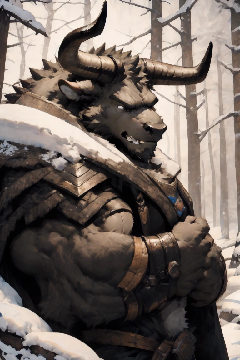 Minotaur, solo, muscular, perfect_eyes, perfect_face, abs, big_chest,wide_body, muscular_arms, winter, snowforest_background, solo, minotaur, angry, half_body, close_up, manly, man, muscular, brown_horns, big_eyes, orange_eyes, glowing_eyes, bara_body,hyper_muscles, hyper_chest, hyper_muscular_body, huge,forest, snow,snowy_forest, armor_pants, half_body,closeup, medieval_armor ,iron armor,armor,canines, moth_closed, angry,serious, HD, 4k, high_detailed_background, sunbeam,by kenket, bydarkgem, by miosha, bull, monster