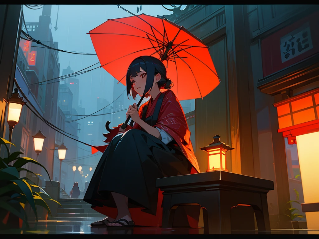 A woman sitting at a table under a red umbrella on a rainy night in a city street, with lanterns and plants around her, in the style of an anime or illustration, with a detailed, photorealistic, cinematic look.