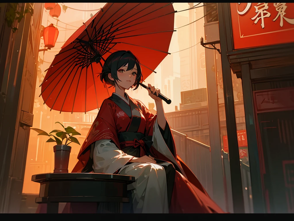 A woman sitting at a table under a red umbrella on a rainy night in a city street, with lanterns and plants around her, in the style of an anime or illustration, with a detailed, photorealistic, cinematic look.