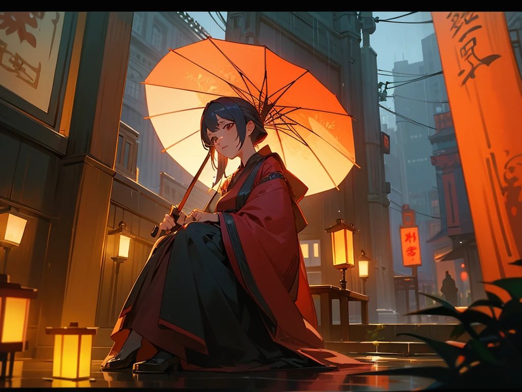 A woman sitting at a table under a red umbrella on a rainy night in a city street, with lanterns and plants around her, in the style of an anime or illustration, with a detailed, photorealistic, cinematic look.