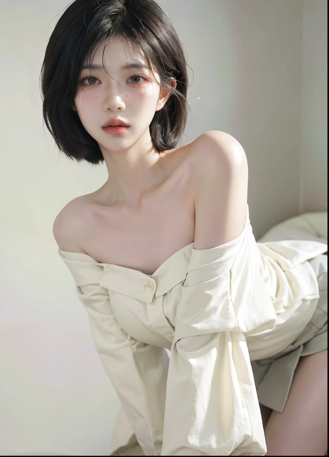 Beautiful woman with perfect figure:1.4，Ultra-high resolution，White background，（Realism:1.4)，Layered hairstyle，White skin，JK:1.5，Super short pleated skirt，whole body：1.4，Very delicate and skin texture，Double eyelids，Skin Whitening，short hair，White hair
