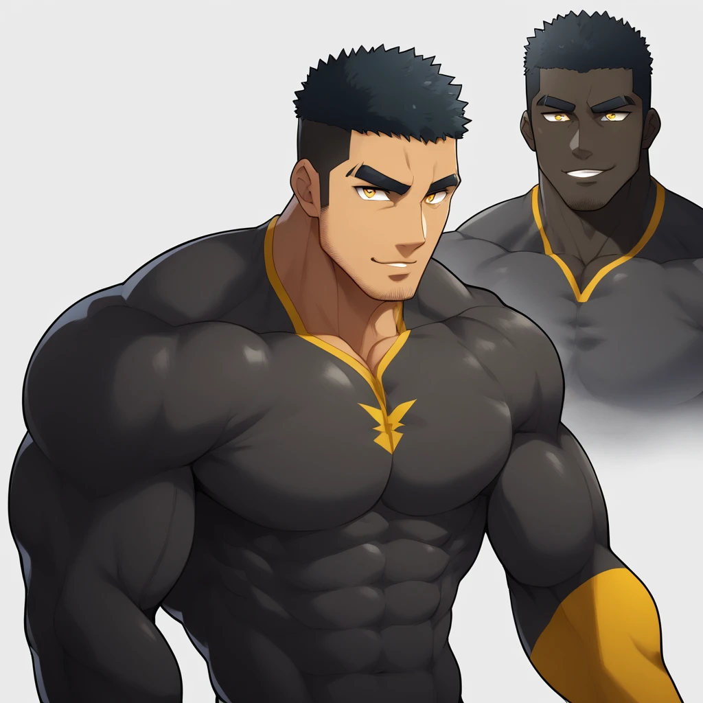 ?????, ?????, ?????, anime characters:Gyee, Muscle Sports Student, ????? black skin, 1 muscular tough guy, Manliness, male focus, Dark grey and Yellow long sleeve tights, Very tight, Round and full chest muscles, Slightly transparent, muscular male, muscular, only, Upper body, alone, Black short hair, Thick eyebrows, stubble, Yellow eyes, White background, simple background, amazing quality, best aesthetics, Ridiculous, bright pupils, crew cut, parted lips, seductive smile, torogao, naughty face, best quality