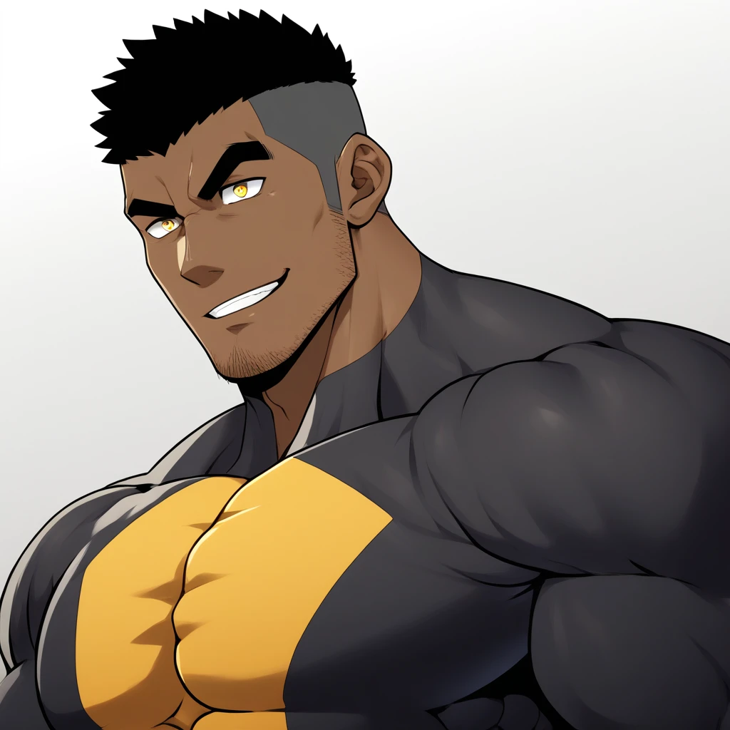 negro, negro, negro, anime characters:Gyee, Muscle Sports Student, negro black skin, 1 muscular tough guy, Manliness, male focus, Dark grey and Yellow long sleeve tights, Very tight, Round and full chest muscles, Slightly transparent, muscular male, muscular, only, Upper body, alone, Black short hair, Thick eyebrows, stubble, Yellow eyes, White background, simple background, amazing quality, best aesthetics, Ridiculous, bright pupils, crew cut, parted lips, seductive smile, torogao, naughty face, best quality
