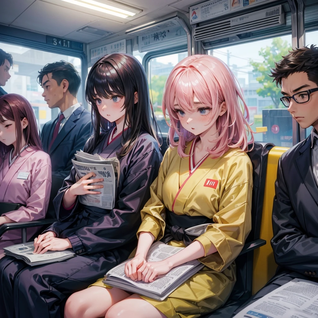 (pixel art_1.1)1female Japanese students,The girl in front of me,Sitting and sleeping on the train,standing on Young man,middle-aged Multiple Salaryman,The office worker is reading a newspaper,