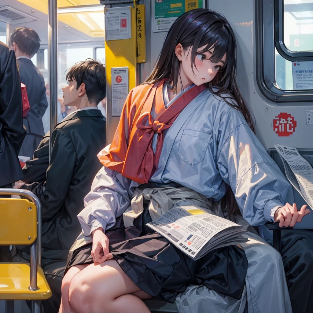 (pixel art_1.1)1female Japanese students,The girl in front of me,Sitting and sleeping on the train,standing on Young man,middle-aged Multiple Salaryman,The office worker is reading a newspaper,