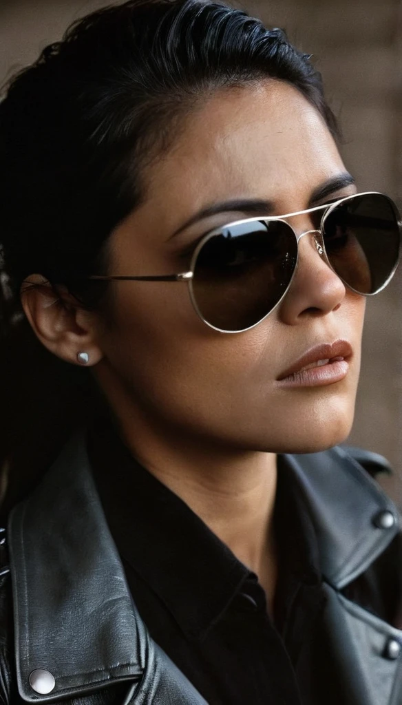 Realistic close-up profile photo from high angle above of a woman wearing sunglasses and a leather jacket. The woman is looking down at something. The sunglasses are dark and the woman's face is partially obscured by them. The background of the image is dark and smoky, which adds to the overall mood of the scene. Cinematic lighting, movie still, film grain, muted grey color grading