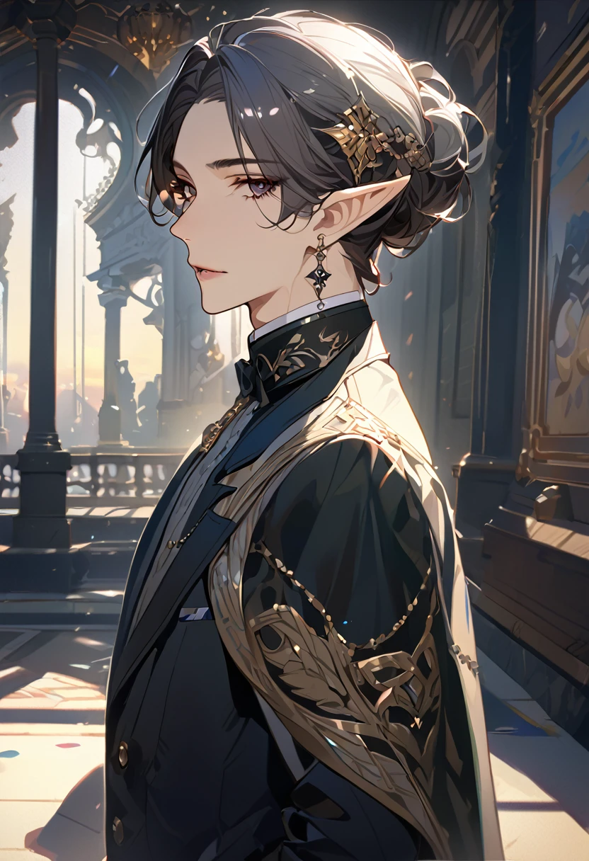 masterpiece, best quality, 8k ,4k , 1 male, elf, long ears elf, dark grayish hair, dark greenish eyes, hair ornament, finely detailed eyes and detailed face, looking at viewer, from side, meticulous clothes, formal clothes, combination of white and black coat, half cape by the shoulders, patterned clothes, majestic looks, sharp looks, shadows, inspired by Asukaziye artist : ask, art style : ask