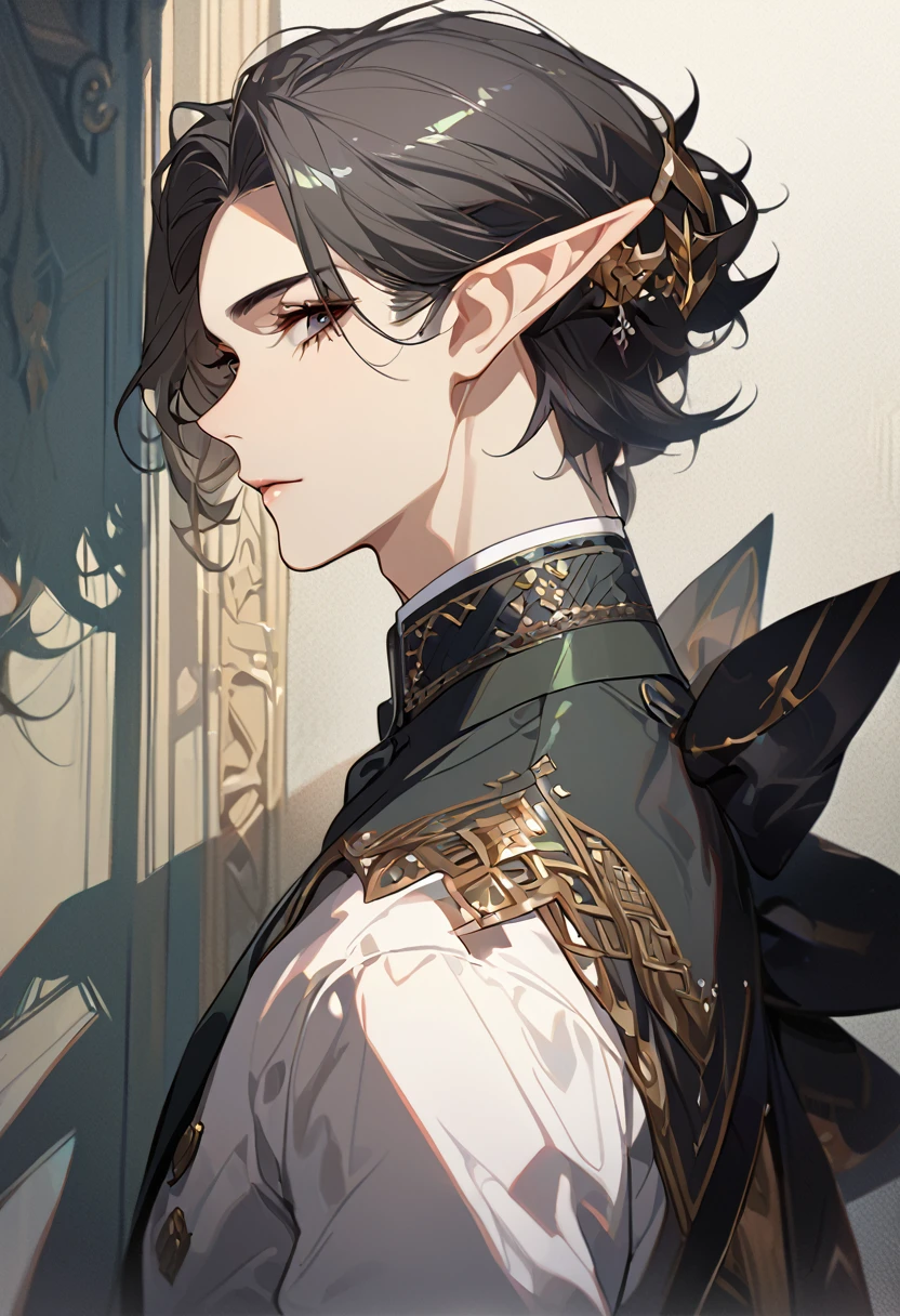 masterpiece, best quality, 8k ,4k , 1 male, elf, long ears elf, dark grayish hair, dark greenish eyes, hair ornament, finely detailed eyes and detailed face, looking at viewer, from side, meticulous clothes, formal clothes, combination of white and black coat, half cape by the shoulders, patterned clothes, majestic looks, sharp looks, shadows, inspired by Asukaziye artist : ask, art style : ask