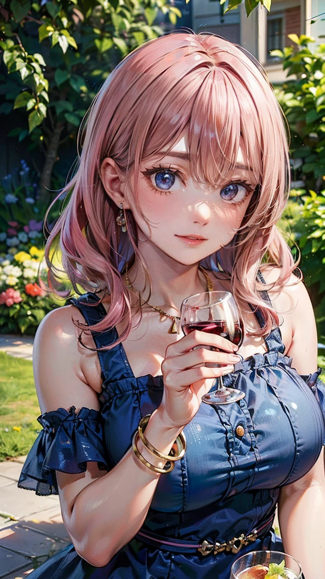 (Masterpiece, BestQuality:1.3), (ultra detailed:1.2), (hyperrealistic:1.3), (RAW photo:1.2), High detail RAW color photo, professional photograph, (Photorealistic:1.4), (realistic:1.4), professional lighting, perfect anatomy, (Big Breasts:1.2), (blush, detailed face), (cheerful Smile:1.5), Trending Hair&Trending Hairカラーをランダムに, earrings, necklace, bracelet, sexly, erotic sexly, Random sexy gravure poses, (A beautiful pink-haired woman in a blue summer dress、Smiling and posing sexily while enjoying a glass of wine at a garden party。:1.3)