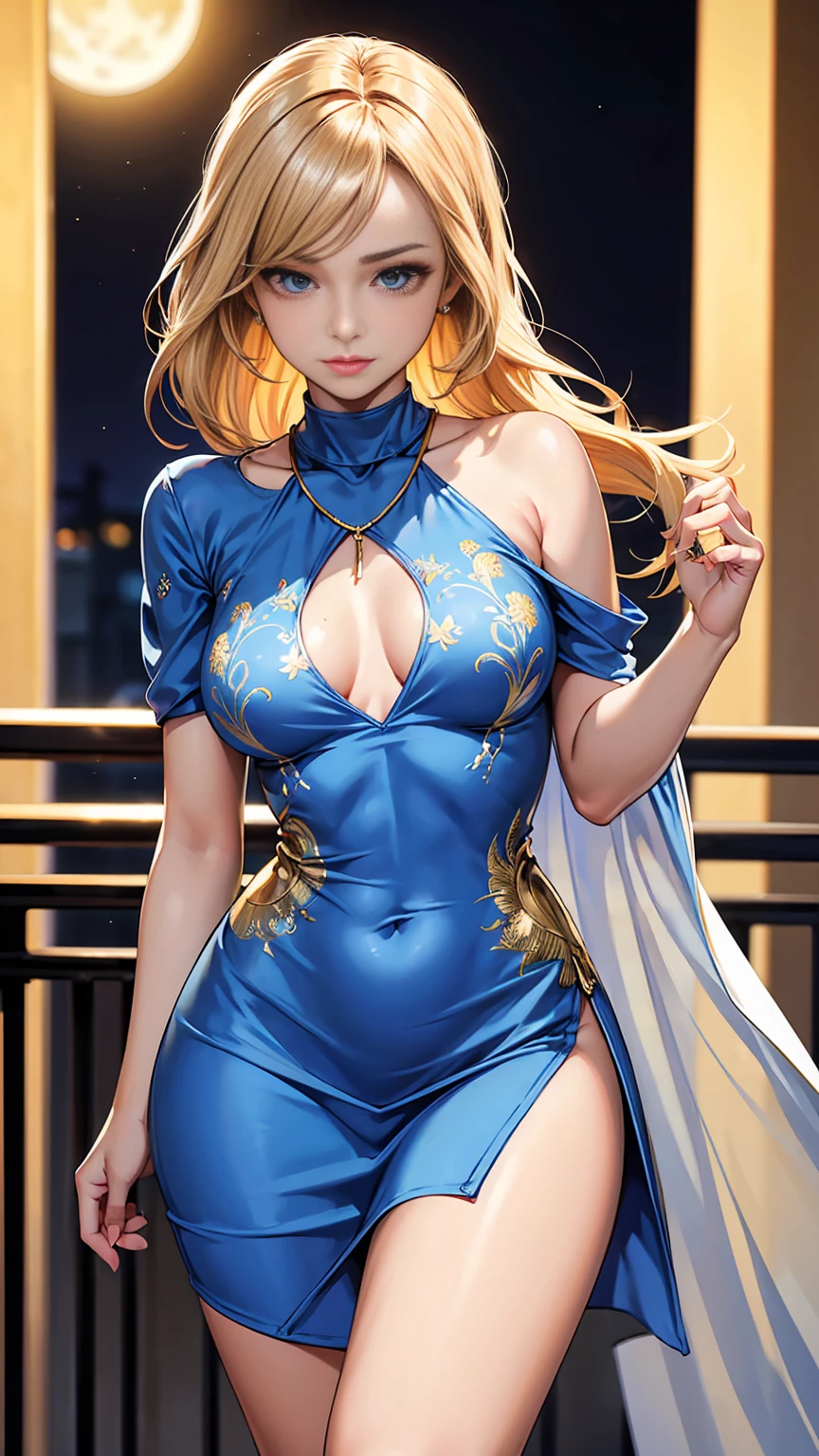 Beautiful woman with short straight shoulder-layered blond hair with blue eyes wearing Mock Neck Cut Out Short Dress,  Criss Cross Mock Neck With Short Sleeves Dress With Phoenix Prints, luxurious jewelry and a luxurious necklace, 18k gold wedding ring on left hand, standing in a balcony at night of full moon, (caucasian skin), (light brown lipstick), (elegant mascara), (slim body with abs), (small ), (wide ), midjourney, <lora:GoodHands-, <lora:GoodLegs-, UHD, high resolution, (masterpiece:1.9, best quality), (expressive eyes, perfect face, full body, expressive face, perfect body, perfect , athletic, fit, slim body, blushing, Perfect makeup, eyeliner, beautiful eyelashes, smiling,  face), ((best illumination, best shadows)), (( pose))