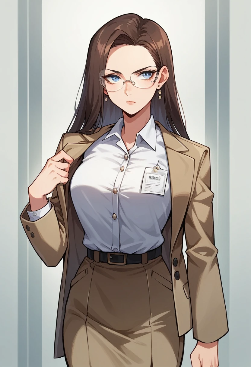 woman, military office employee, young, 24 years old, elegant woman, high authority, wears a cream military office uniform and brown , has a pin and 1st sergeant rank symbol on her clothes, wears glasses, her face is beautiful, her expression Serious, walking down the hall alone, long flowing brown hair down to her and light blue eyes.