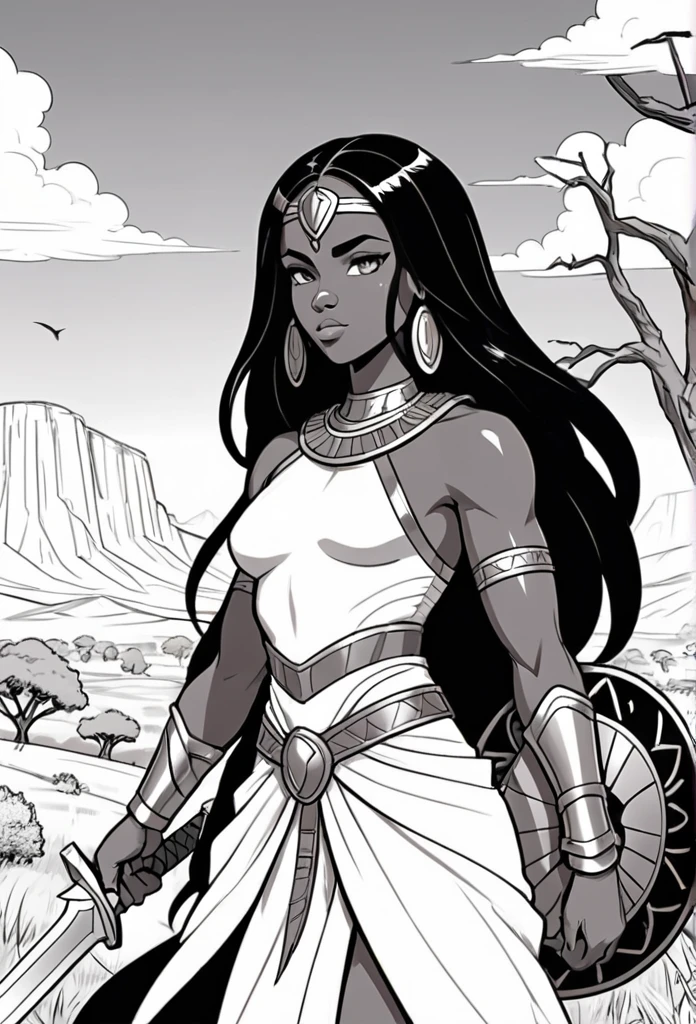 Vector Art, Flattening, smooth line art, Minimalism, graphic design aesthetics, flat illustration, (masterpiece, best quality, perfect composition, very aesthetic, absurdres, ultra-detailed, intricate details, Professional, official art, line art black and white outline of a christian warrior with nubian features, resembling Wonder Women long flowing hair, different nationalities, easy to color design, up close, combat ready, sword and shield in hand, Background realistic and minimalistic African Serengeti landscape, simple trees and mountains, clear sky with clouds, animals in the Serengeti in the background, for a coloring page, warrior strength and connection to the land with different poses, very realistic, wakanda, coloring book page