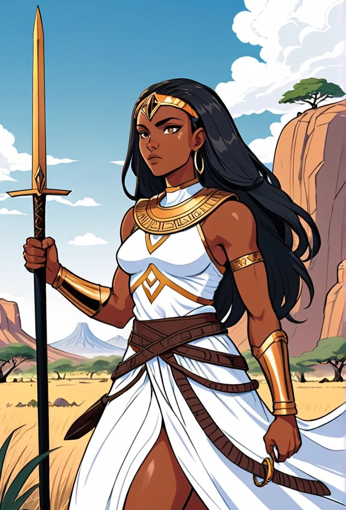 Vector Art, Flattening, smooth line art, Minimalism, graphic design aesthetics, flat illustration, (masterpiece, best quality, perfect composition, very aesthetic, absurdres, ultra-detailed, intricate details, Professional, official art, line art black and white outline of a christian warrior with nubian features, resembling Wonder Women long flowing hair, different nationalities, easy to color design, up close, combat ready, sword and shield in hand, Background realistic and minimalistic African Serengeti landscape, simple trees and mountains, clear sky with clouds, animals in the Serengeti in the background, for a coloring page, warrior strength and connection to the land with different poses, very realistic, wakanda, coloring book page