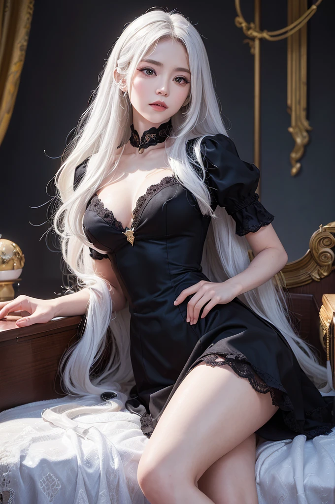 ((masterpiece:1.5,Highest quality,Highly detailed images,Beautiful images、Realistic、Photorealistic、2.5D))(1girl, 独奏)(medium breasts, white hair, black eyes, Healthy legs、Tight ass、Beautiful cleavage)(Fantasy dresses、Fantasy Clothes、Black battle dress、Deep slit)(wind, floating hair)(Inside the castle、The King's Chamber）

