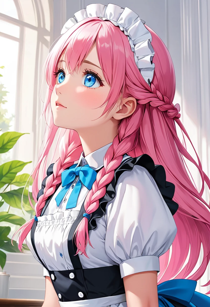 best quality, masterpiece,pink long hair, blue eyes,maid clothes, looking up, upper body,hair strand,Fair skin,side braids, a  around 10 age