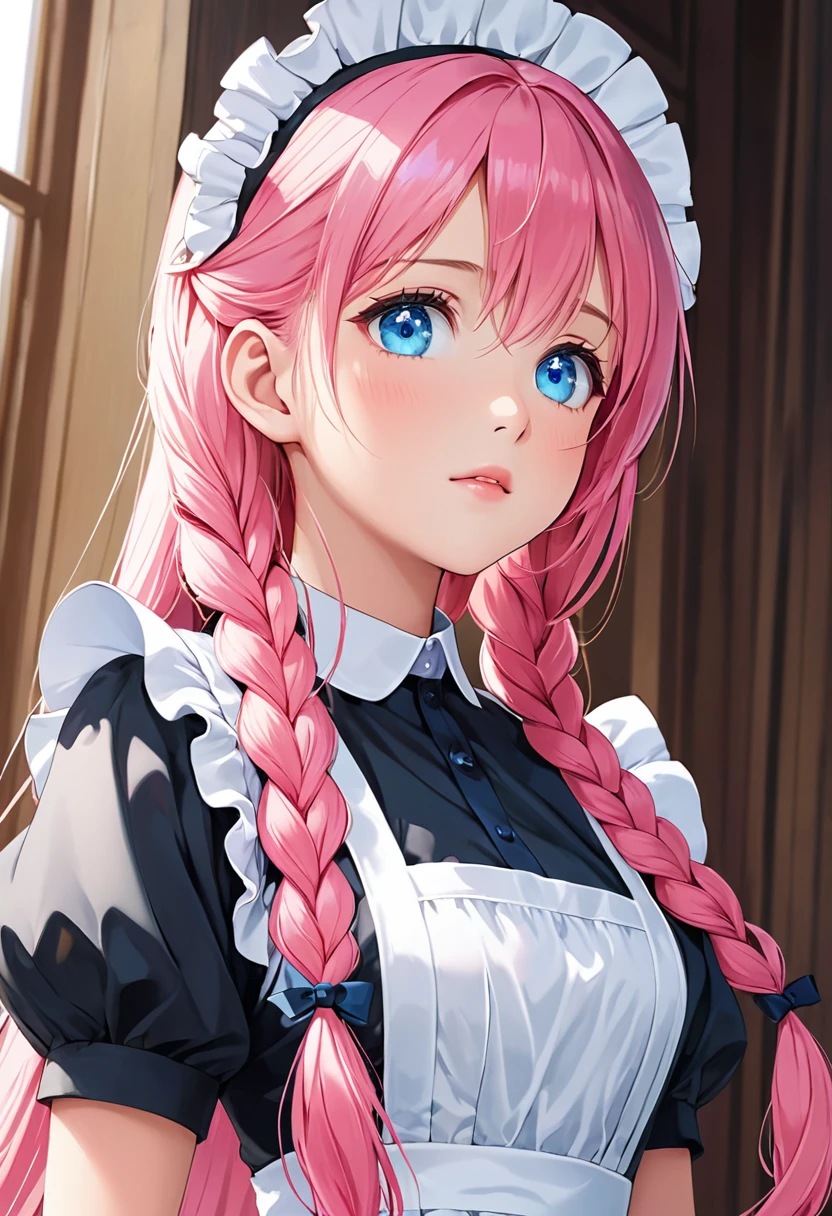 best quality, masterpiece,pink long hair, blue eyes,maid clothes, looking up, upper body,hair strand,Fair skin,side braids, a  around 10 age