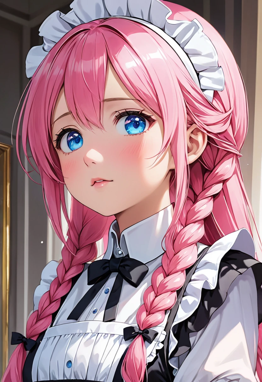 best quality, masterpiece,pink long hair, blue eyes,maid clothes, looking up, upper body,hair strand,Fair skin,side braids, a  around 