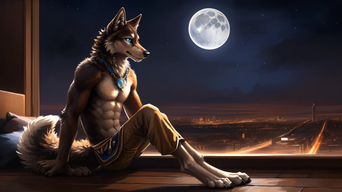 ((Solo)), male people, anthro wolf, (Multi-colored fur, White-brown:1.3), ((Wolf face, Big eyes, White eyelids, Blue pupil, Slim:1.2) (Tough, Calm expression:1.2)), (Height 2.1 meters,Tail length 1.5m), Abs, Slim, pinging, (Correct anatomy), (Contour bone:1.2), The upper body is naked, (detailed outfits), a long large tail,Feet,(Realistic fur, Detailed fur texture, labeled:1.3)), (Natural lighting), Photorealistic, Hyperrealistic, ultradetailed, by Kenket,In the modern city,Roof,the night,Sit alone,Look at the full moon,It was dark,Starry