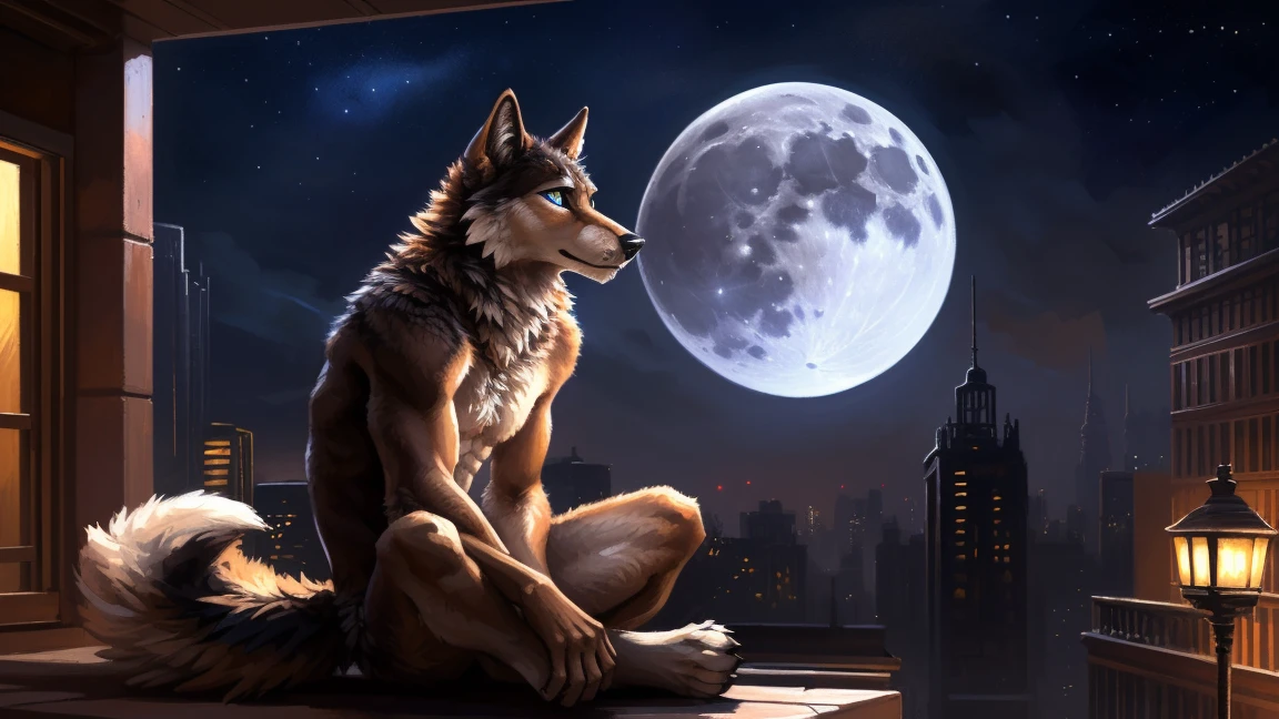 ((Solo)), male people, anthro wolf, (Multi-colored fur, White-brown:1.3), ((Wolf face, Big eyes, White eyelids, Blue pupil, Slim:1.2) (Tough, Calm expression:1.2)), (Height 2.1 meters,Tail length 1.5m), Abs, Slim, pinging, (Correct anatomy), (Contour bone:1.2), The upper body is naked, (detailed outfits), a long large tail,Feet,(Realistic fur, Detailed fur texture, labeled:1.3)), (Natural lighting), Photorealistic, Hyperrealistic, ultradetailed, by Kenket,In the modern city,Roof,the night,Sit alone,Look at the full moon,It was dark,Starry