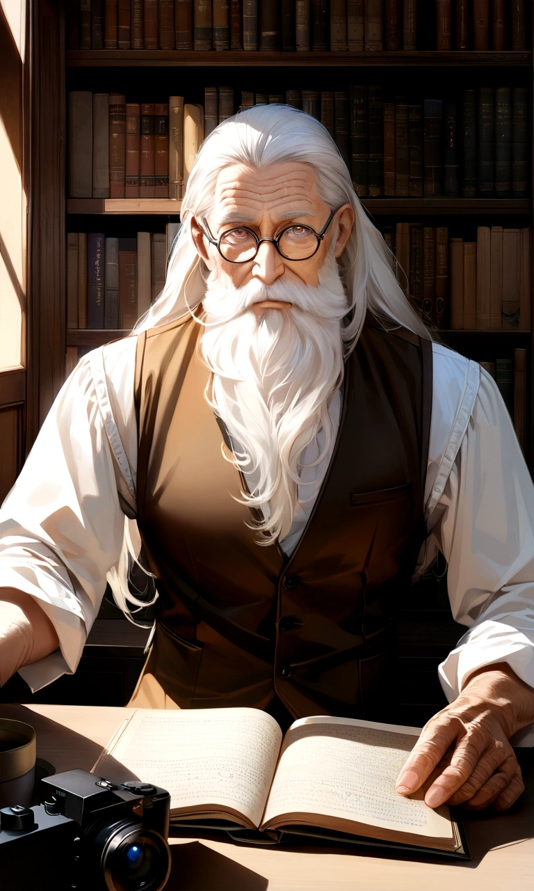 Drawn in ultra-realistic detail、An old philosopher with a profound expression。White hair and long beard、Wrinkled face。Wise eyes reflect a state of contemplation、Wearing old-fashioned glasses、Looking at the camera。His outfit is simple and classic, a shirt and vest.、In the background is a study with bookshelves lined up。High image quality and fine details、Images with clear contrast between light and shadow。