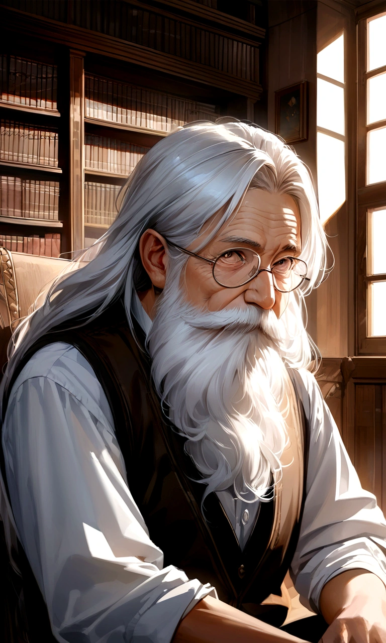 Drawn in ultra-realistic detail、An old philosopher with a profound expression。White hair and long beard、Wrinkled face。Wise eyes reflect a state of contemplation、Wearing old-fashioned glasses、Looking at the camera。His outfit is simple and classic, a shirt and vest.、In the background is a study with bookshelves lined up。High image quality and fine details、Images with clear contrast between light and shadow。