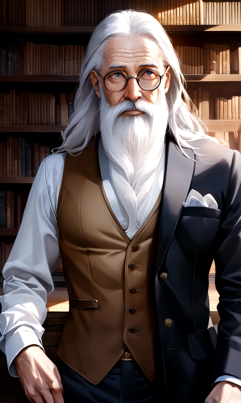 Drawn in ultra-realistic detail、An old philosopher with a profound expression。White hair and long beard、Wrinkled face。Wise eyes reflect a state of contemplation、Wearing old-fashioned glasses、Looking at the camera。His outfit is simple and classic, a shirt and vest.、In the background is a study with bookshelves lined up。High image quality and fine details、Images with clear contrast between light and shadow。