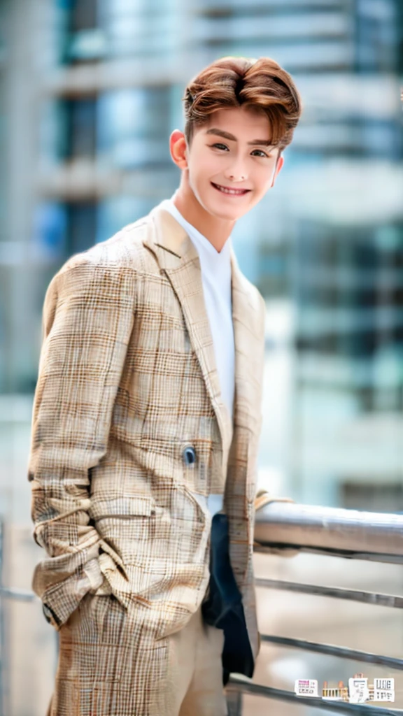 Highest quality, masterpiece, Ultra-high resolution, (Realistic:1.4), RAW Photos, Handsome young man in a white suit, Brown Hair, Modern Office, smile, tie
