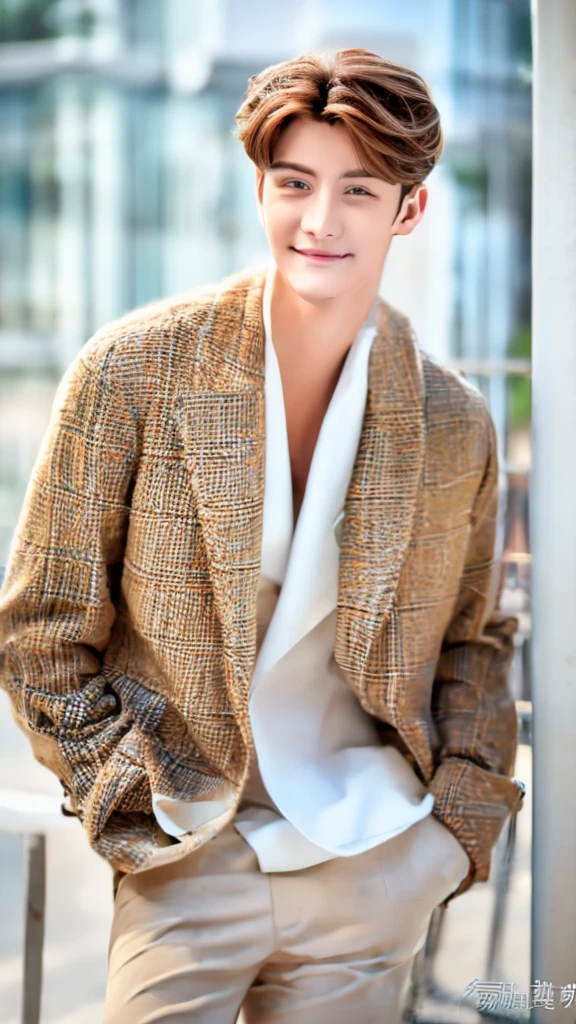 Highest quality, masterpiece, Ultra-high resolution, (Realistic:1.4), RAW Photos, Handsome young man in a white suit, Brown Hair, Modern Office, smile, tie