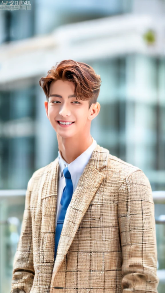 Highest quality, masterpiece, Ultra-high resolution, (Realistic:1.4), RAW Photos, Handsome young man in a white suit, Brown Hair, Modern Office, smile, tie