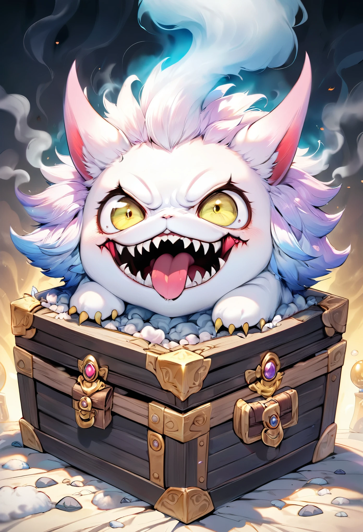 funny, super deformed, best quality, super fine, 16k, incredibly absurdres, extremely detailed, 2.5D, delicate and dynamic, treasure chest monster covered in fluffy fur, mimic, yokai, eyes, mouth, fangs, hands, cute horror fantasy, pastel colors, other spaces, other dimensions, smoke effects