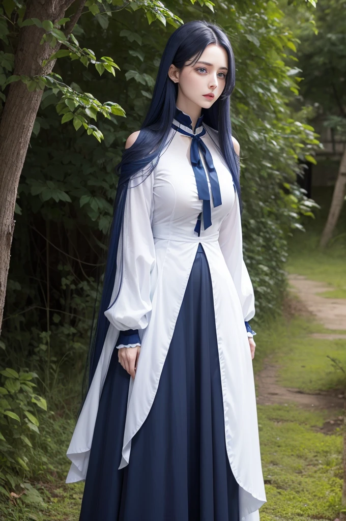 tall woman, high resolution, natural blue eyes, natural long blue hair, Shy Expression, large breasted, blouse with long black sleeves and neckline, black long skirt