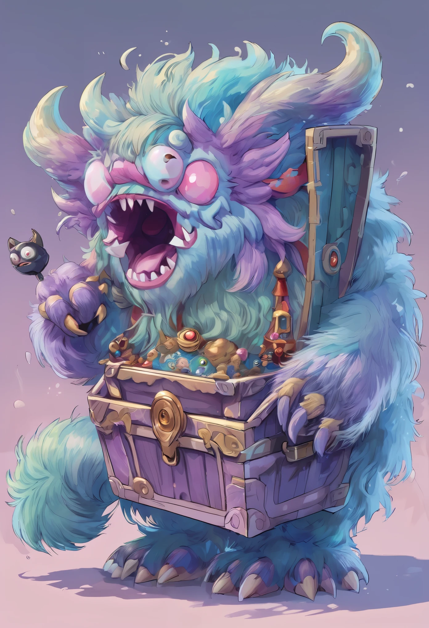 funny, super deformed, best quality, super fine, 16k, incredibly absurdres, extremely detailed, 2.5D, delicate and dynamic, treasure chest monster covered in fluffy fur, mimic, yokai, eyes, mouth, fangs, hands, cute horror fantasy, pastel colors, other spaces, other dimensions, smoke effects